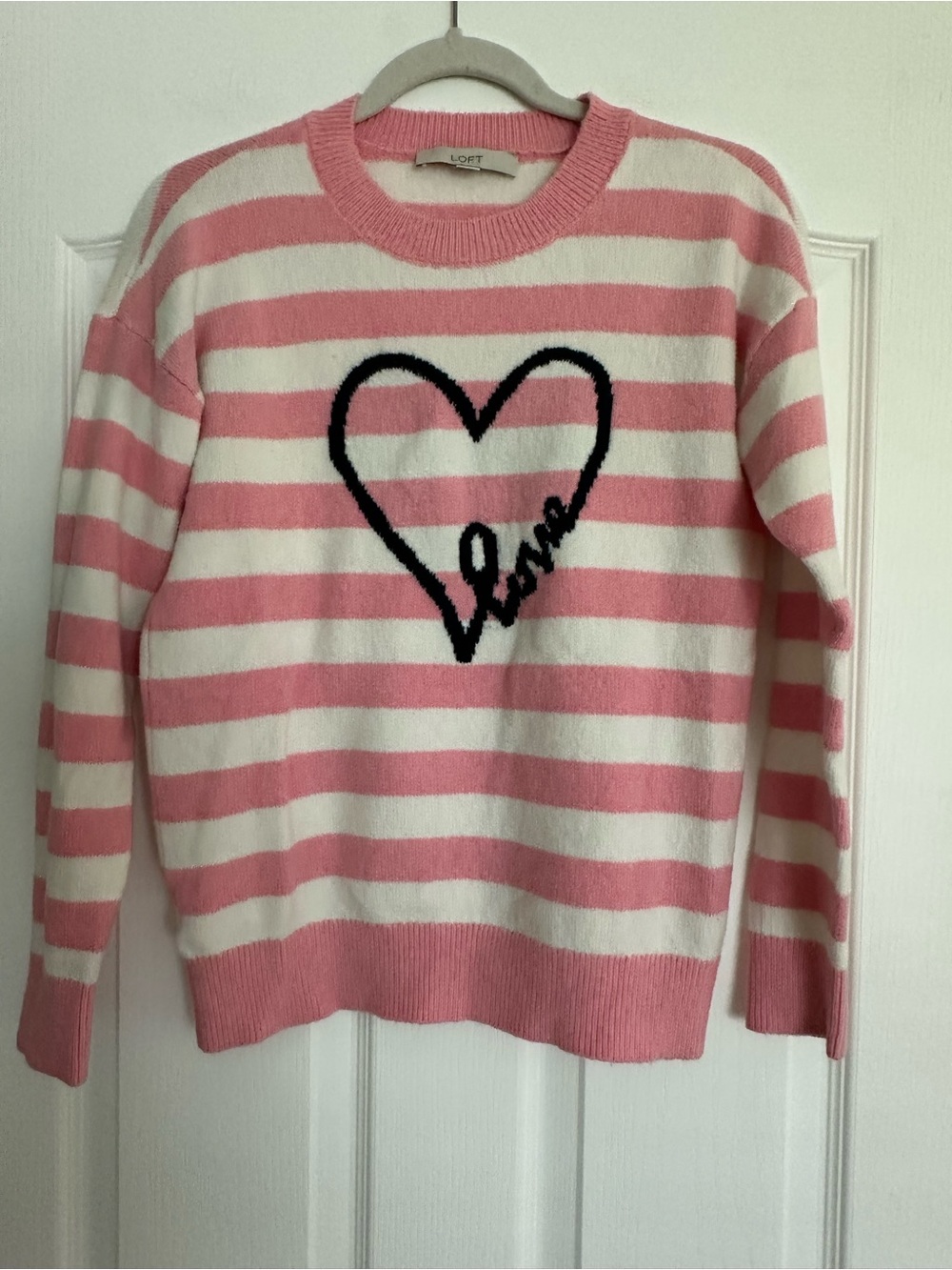 LOFT Pink & White Striped Crewneck Sweater with Black Heart